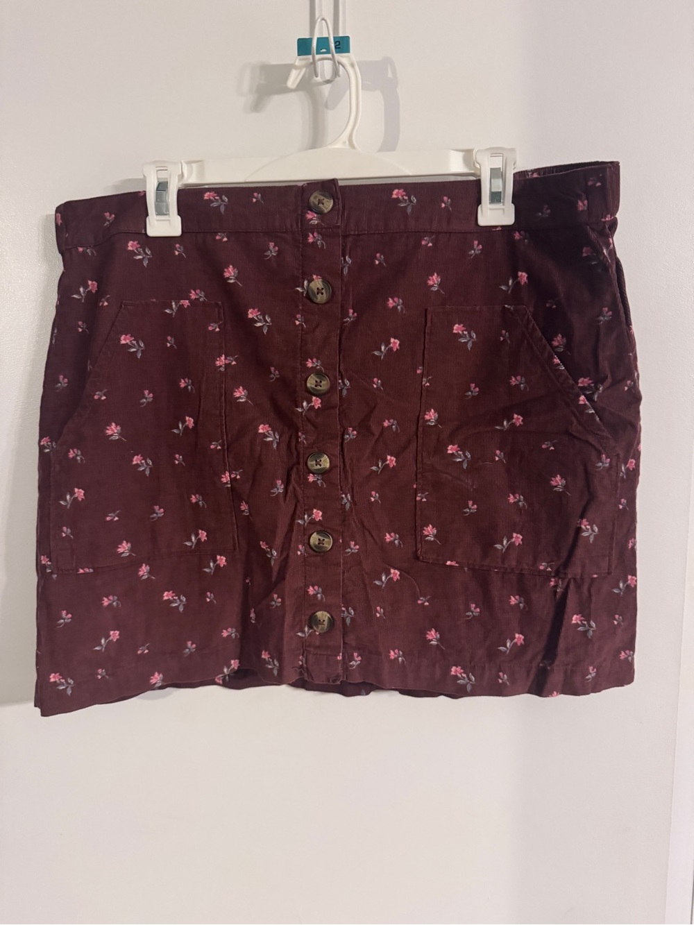 American Eagle Floral Corduroy Button-Front Maroon Mini Skirt